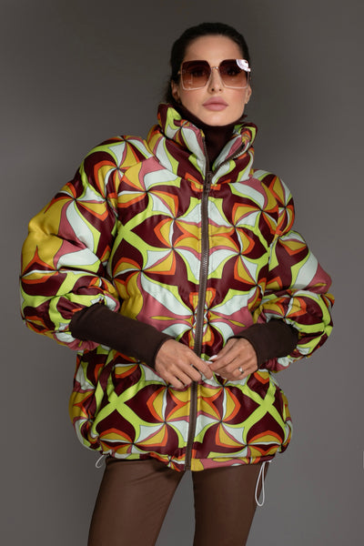 Jacket Abstract Brown Multi Stand-up Collar Puffer