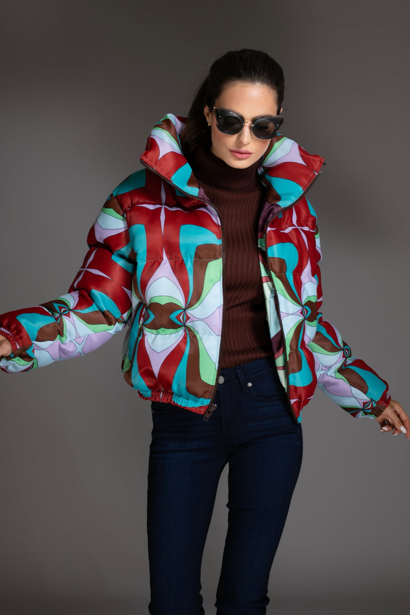 Abstract Multicolor Printed Puffer Jacket