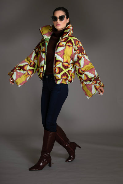 Brown Multi Abstract Printed Puffer Jacket