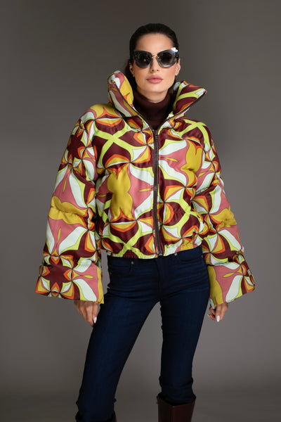 Brown Multi Abstract Printed Puffer Jacket