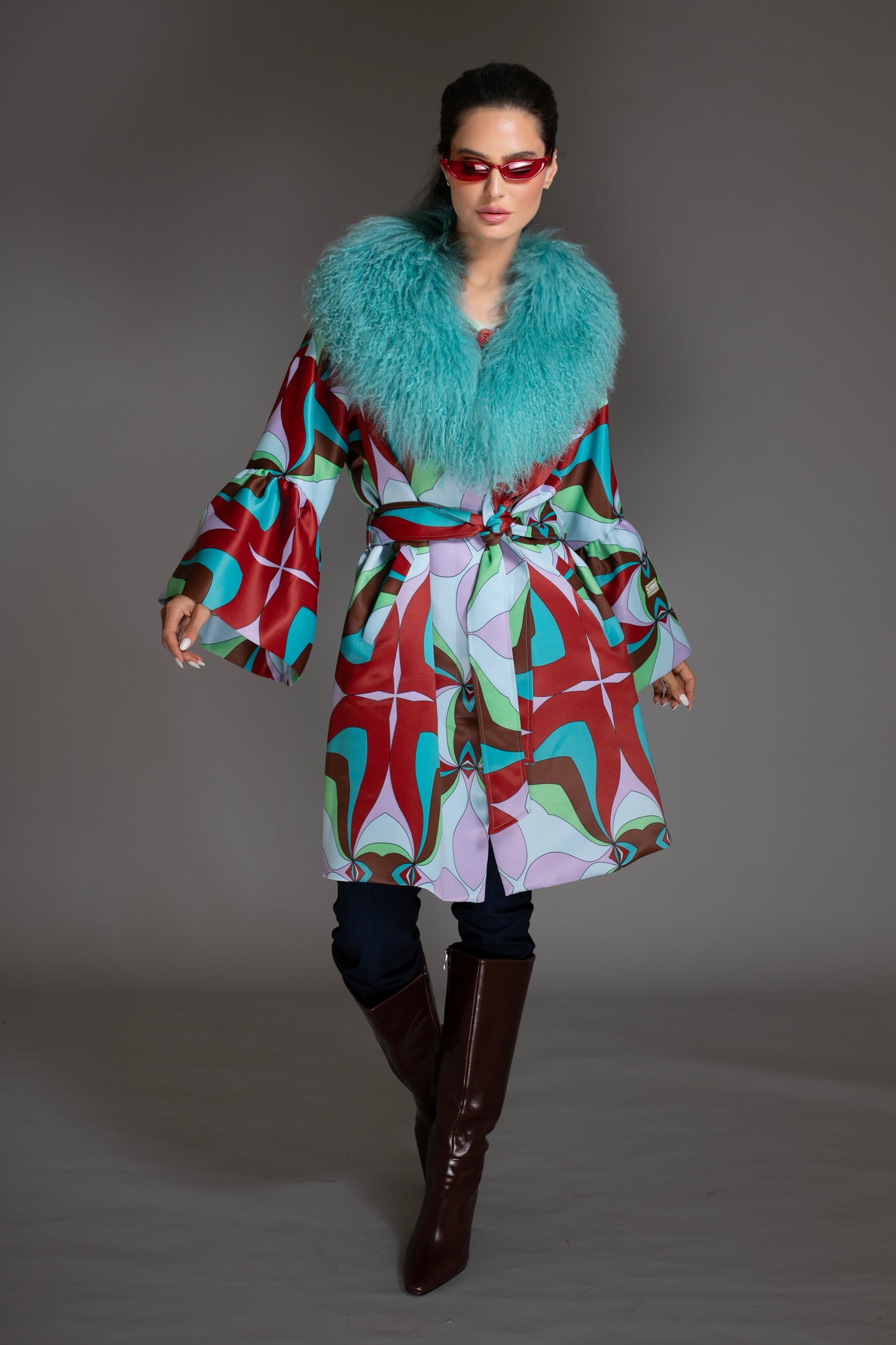 Multicolor Bell Sleeves Coat Mongolian Shearling Collar