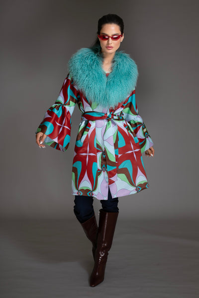 Multicolor Bell Sleeves Coat Mongolian Shearling Collar