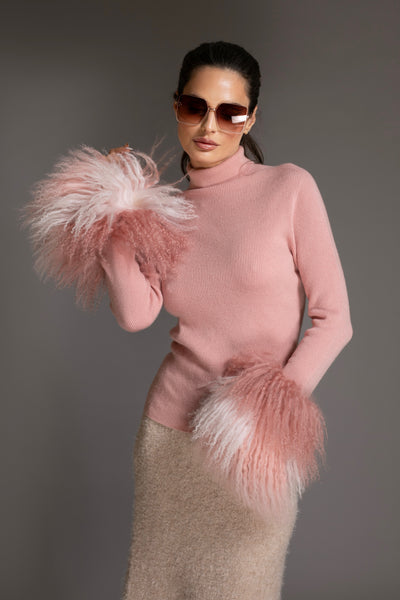 Pink Wool Sweater Mongolian shearling Cuffs