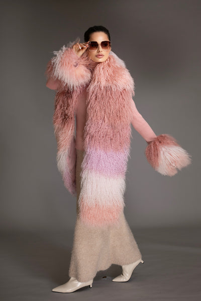 Ombre Mongolian Shearling Shawl Scarf Pink