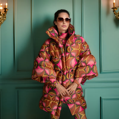 Abstract Puff Sleeve Quilted Coat