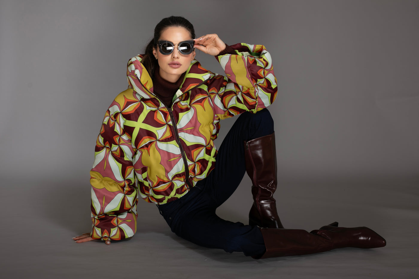 Reversible Brown Multi Abstract Printed Puffer Jacket