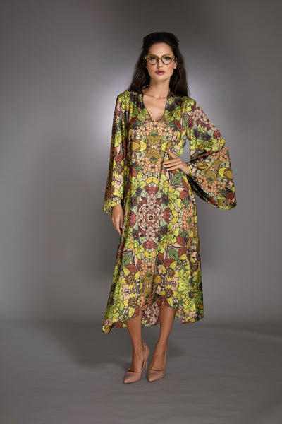 Gold Floral Print High Low Gown with Bell Sleeves