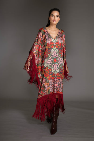 Burgundy Red  Fringed Satin Long Kaftan Dress