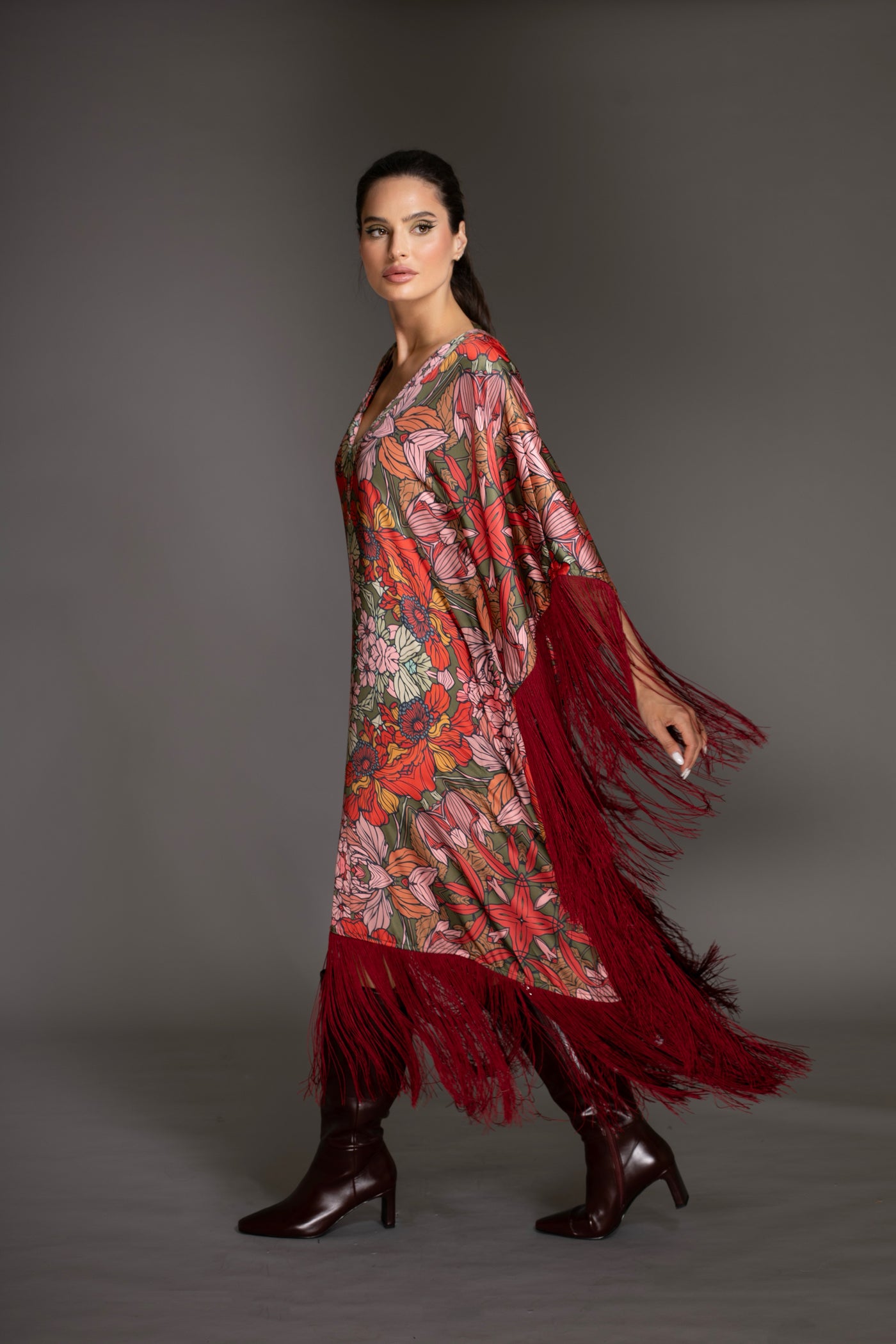 Burgundy Red  Fringed Satin Long Kaftan Dress