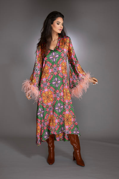 Floral High Low Gown Bell Sleeves Ostrich Feathers