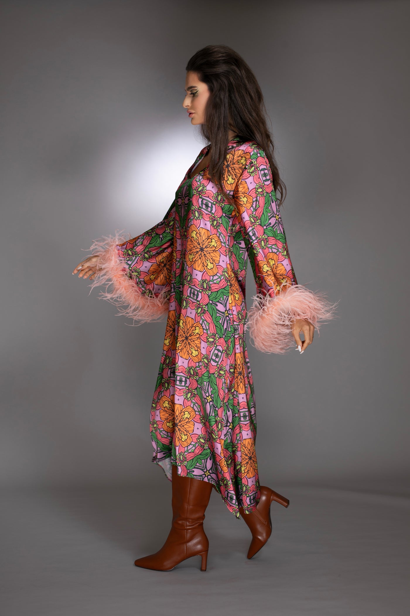 Floral High Low Gown Bell Sleeves Ostrich Feathers