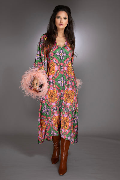 Floral High Low Gown Bell Sleeves Ostrich Feathers