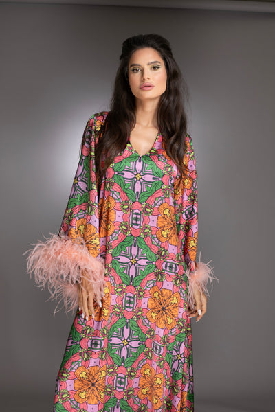 Floral High Low Gown Bell Sleeves Ostrich Feathers