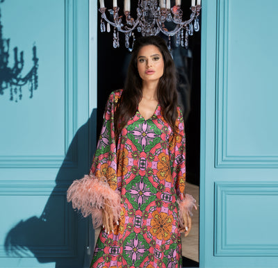 Floral High Low Gown Bell Sleeves Ostrich Feathers