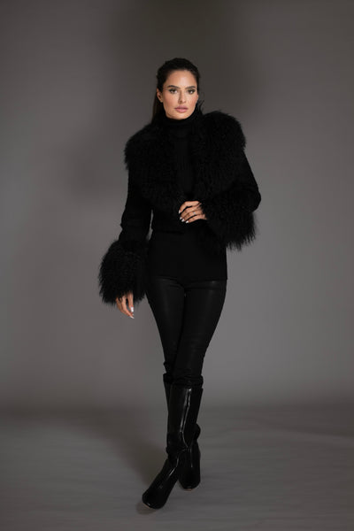 Black Knit Sweater With Mongolian Shearling Cuffs
