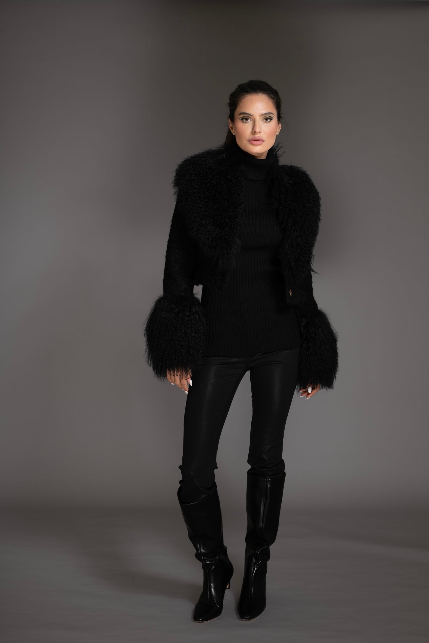 Black Knit Sweater With Mongolian Shearling Cuffs