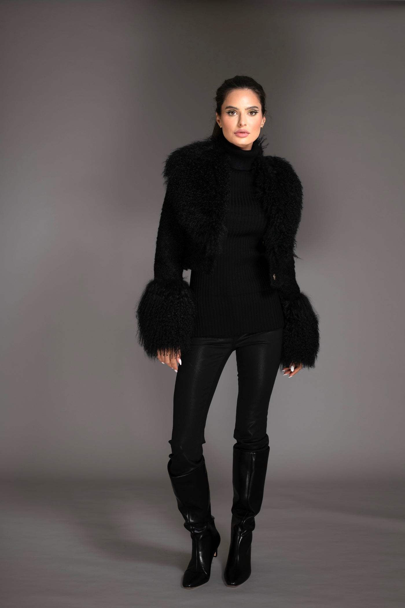 Black Knit Sweater With Mongolian Shearling Cuffs