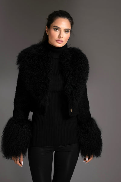 Black Knit Sweater With Mongolian Shearling Cuffs