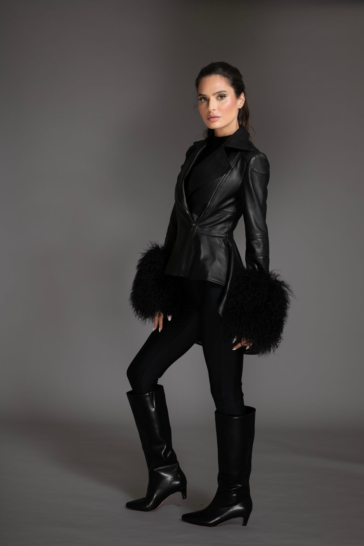 Black Knit Sweater With Mongolian Shearling Cuffs