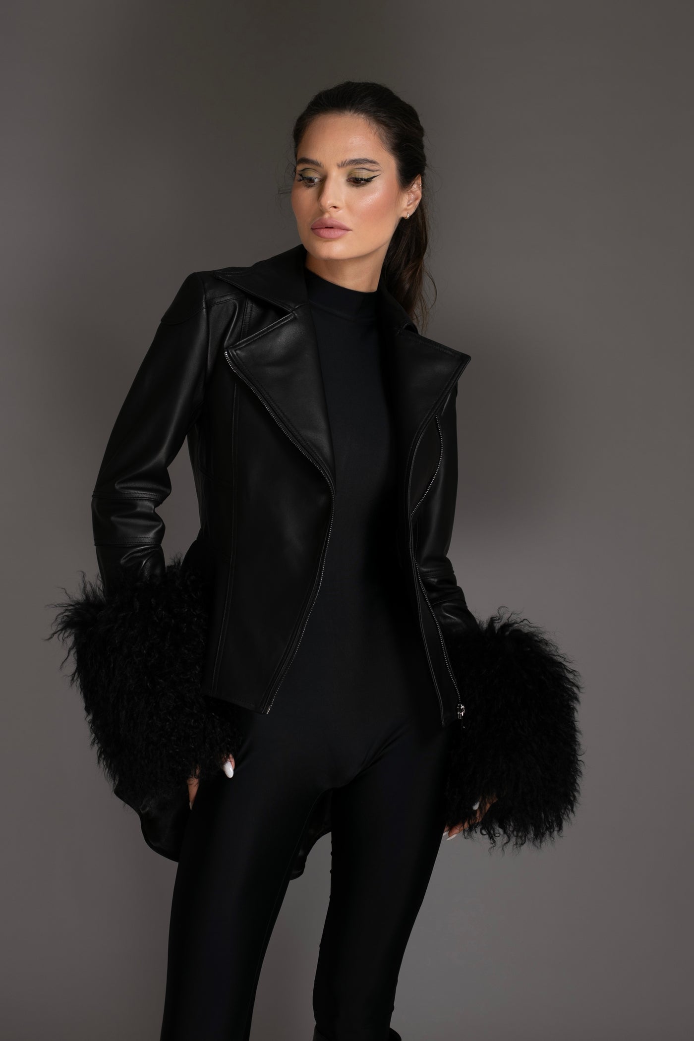 Black Knit Sweater With Mongolian Shearling Cuffs