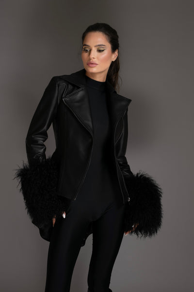 Black Knit Sweater With Mongolian Shearling Cuffs