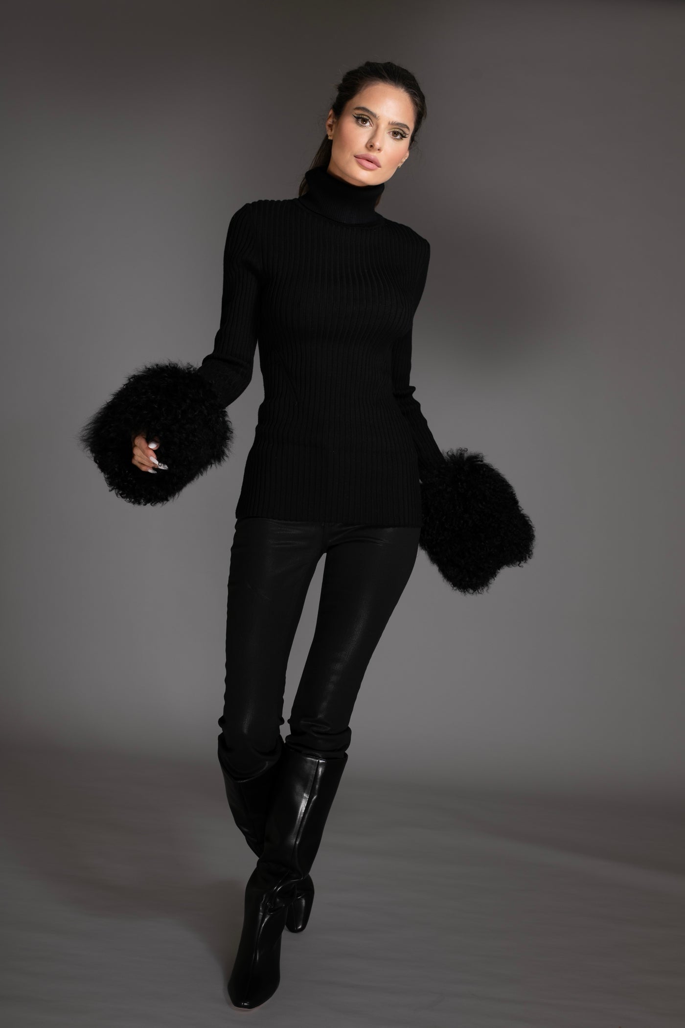 Black Knit Sweater With Mongolian Shearling Cuffs