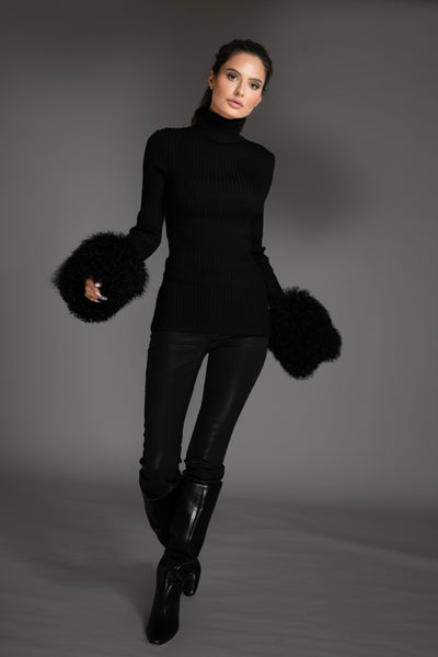 Black Knit Sweater With Mongolian Shearling Cuffs