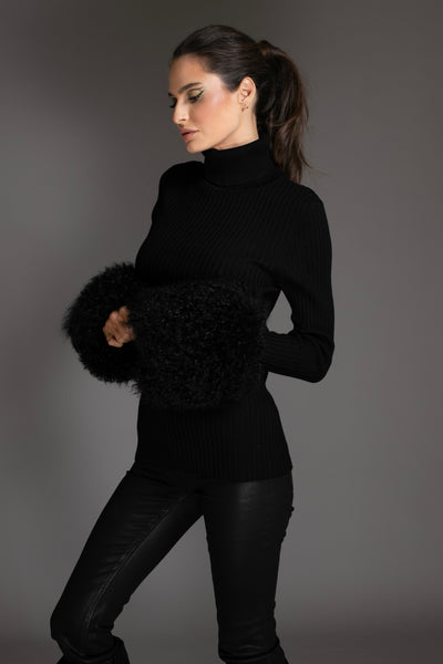 Black Knit Sweater With Mongolian Shearling Cuffs