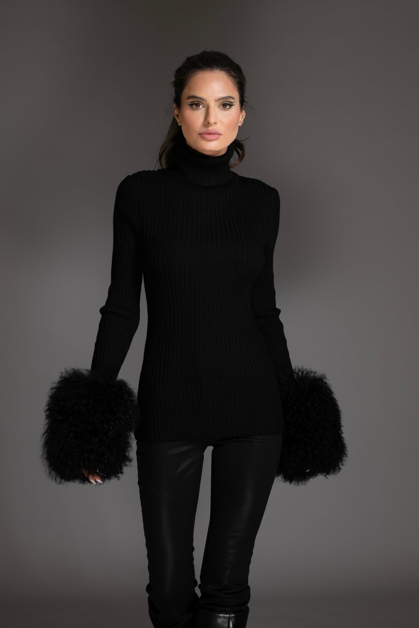 Black Knit Sweater With Mongolian Shearling Cuffs