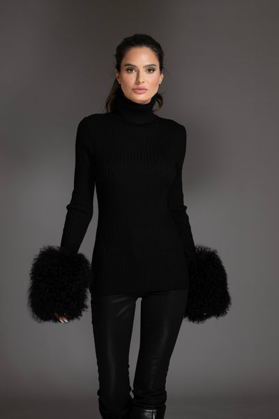 Black Knit Sweater With Mongolian Shearling Cuffs