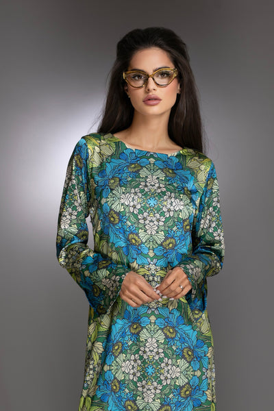 Blue Garden Long Sleeve Satin Maxi Dress