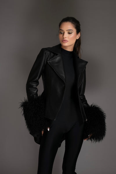 Black Knit Sweater With Mongolian Shearling Cuffs