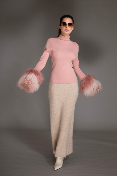 Pink Wool Sweater Mongolian shearling Cuffs