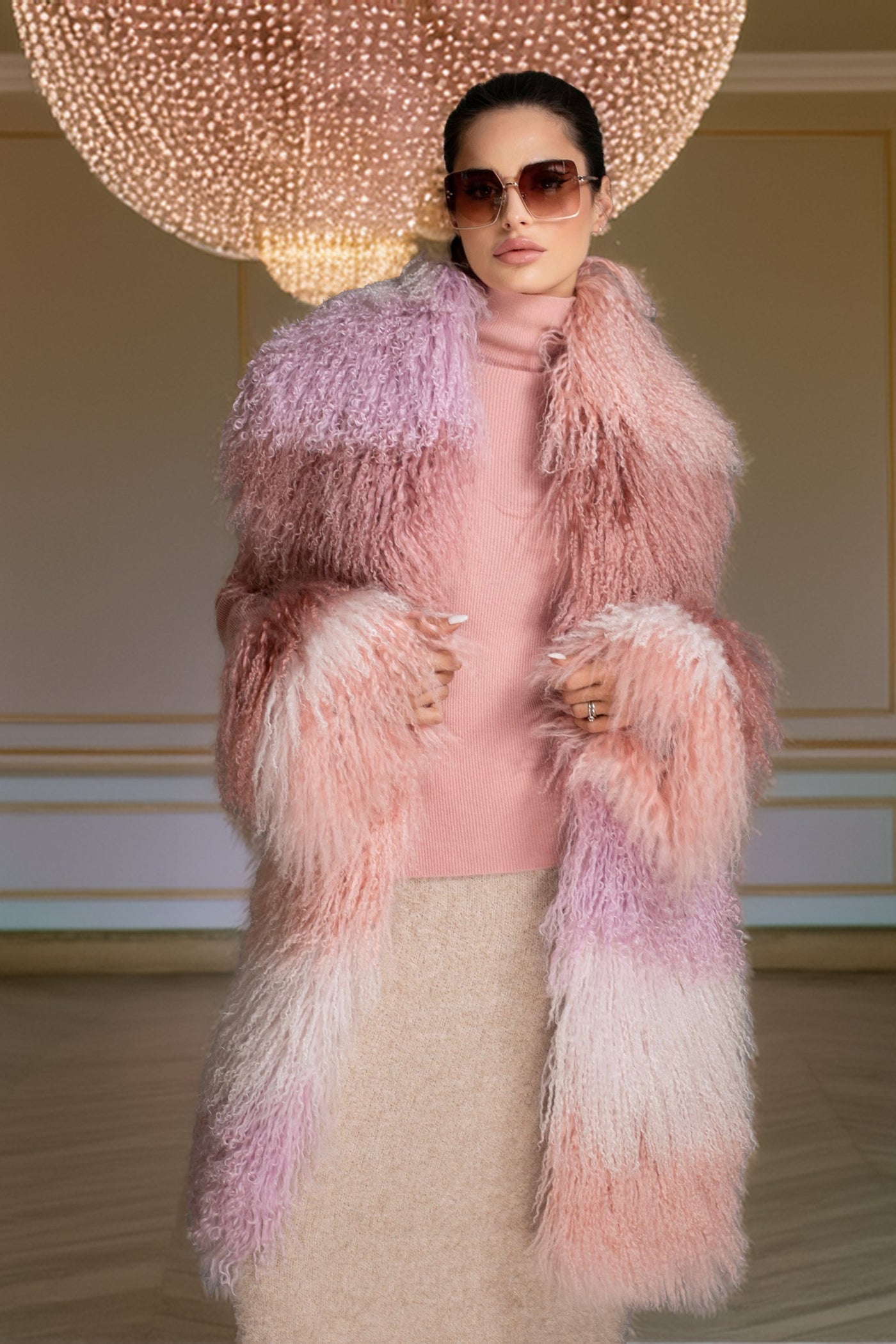 Ombre Mongolian Shearling Shawl Scarf Pink