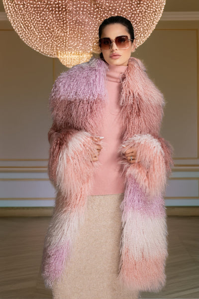 Ombre Mongolian Shearling Shawl Scarf Pink