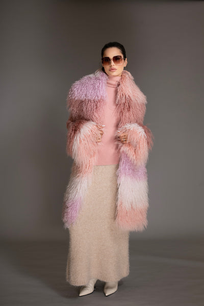 Ombre Mongolian Shearling Shawl Scarf Pink