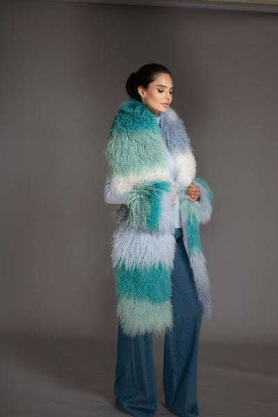 Ombre Mongolian Shearling Shawl Scarf Blue