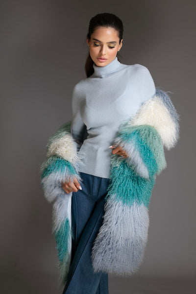 Ombre Mongolian Shearling Shawl Scarf Blue