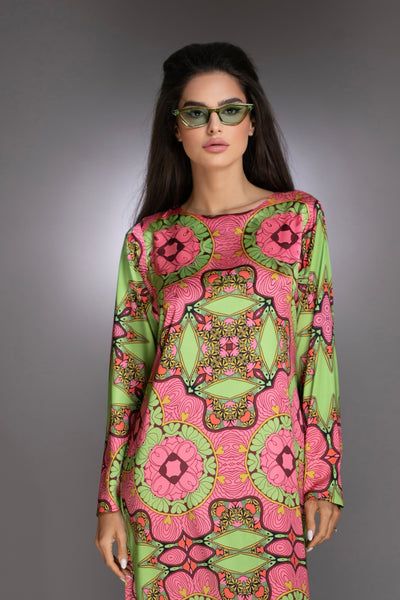 Pink Floral Long Sleeve Satin Maxi Dress