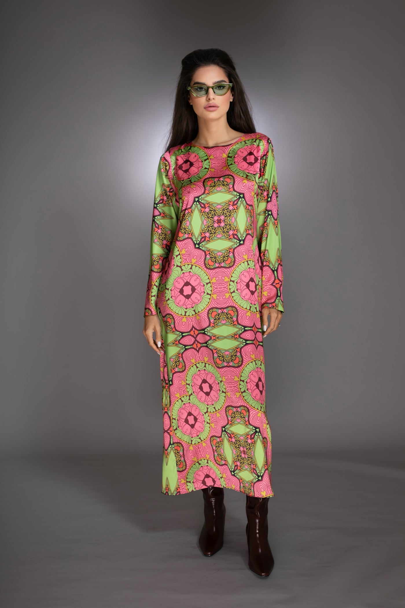Pink Floral Long Sleeve Satin Maxi Dress