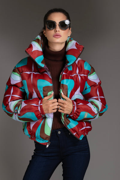 Abstract Multicolor Printed Puffer Jacket