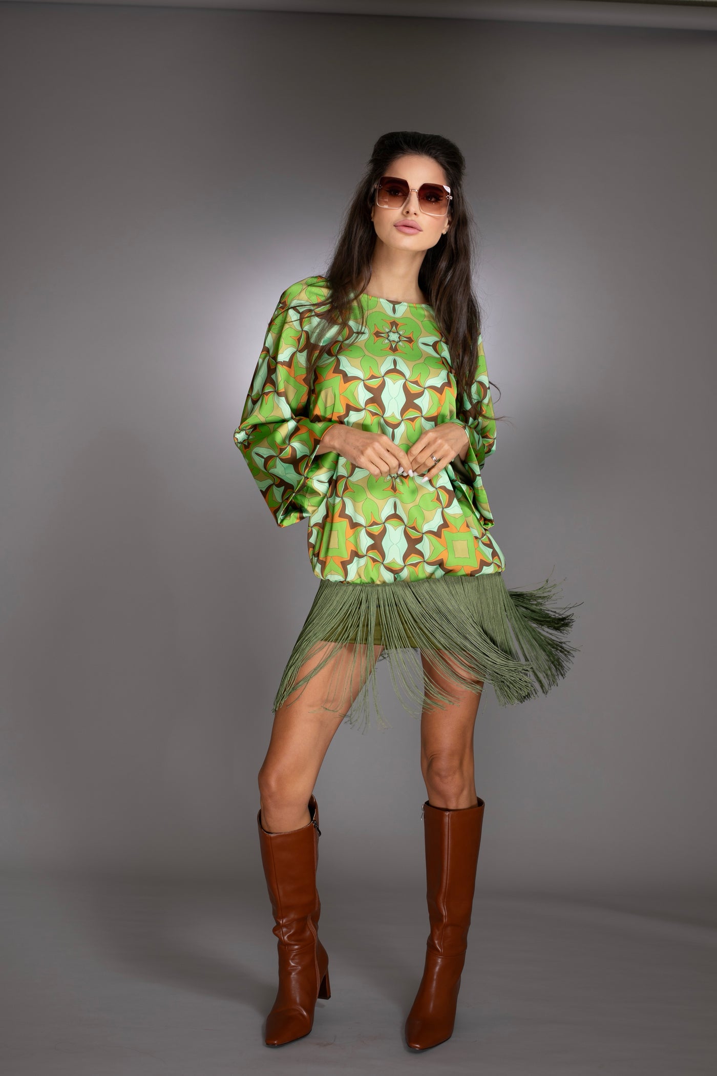 Abstract Print Green Fringe Dress