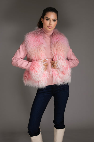Leather Jacket Ombre Mongolian Fur Collar