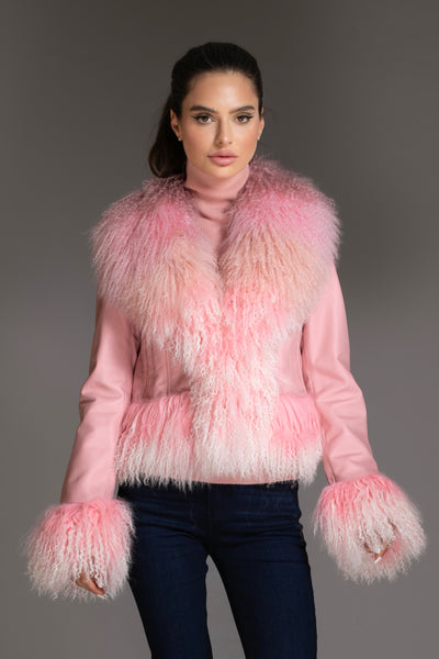 Leather Jacket Ombre Mongolian Fur Collar