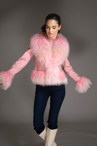 Leather Jacket Ombre Mongolian Fur Collar