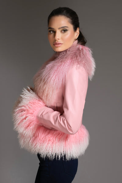Leather Jacket Ombre Mongolian Fur Collar