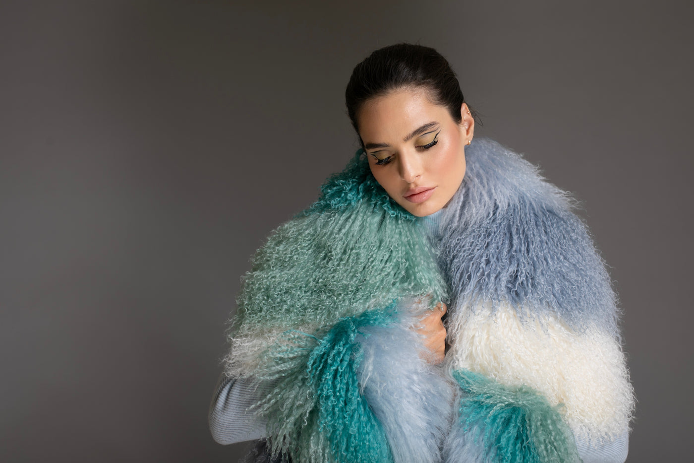 Ombre Mongolian Shearling Shawl Scarf Blue