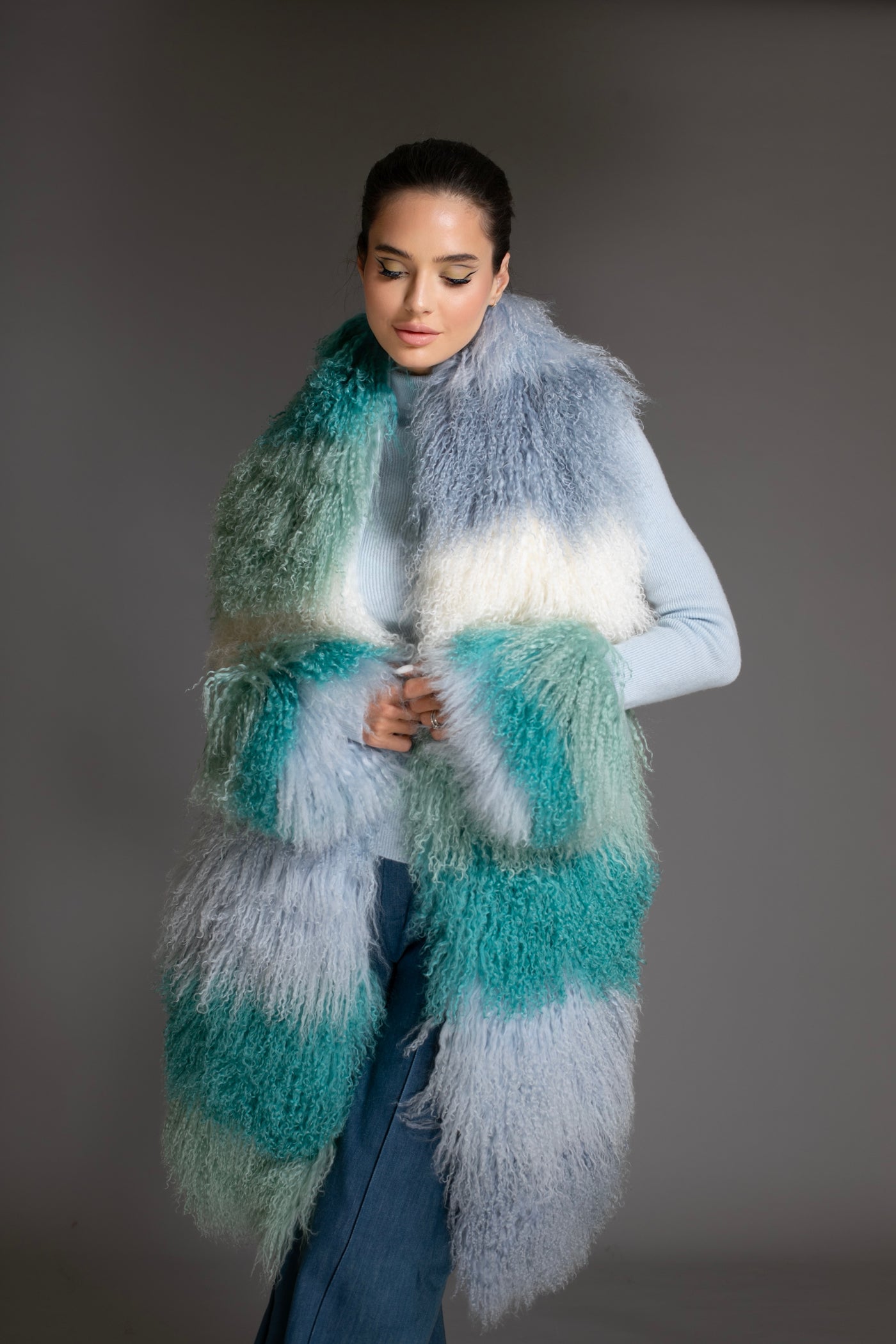 Ombre Mongolian Shearling Shawl Scarf Blue