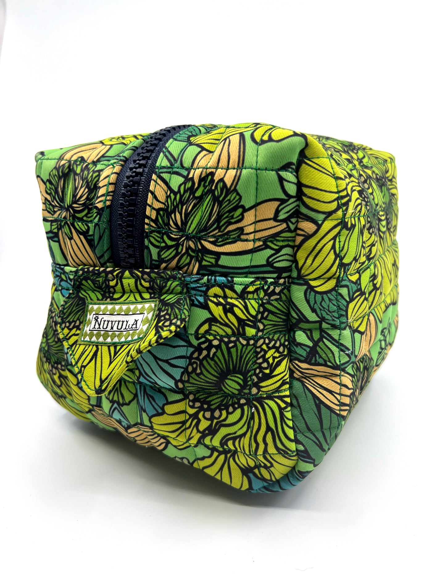 Green Floral Designer Traveling - Large Quilted Cosmetic Bag