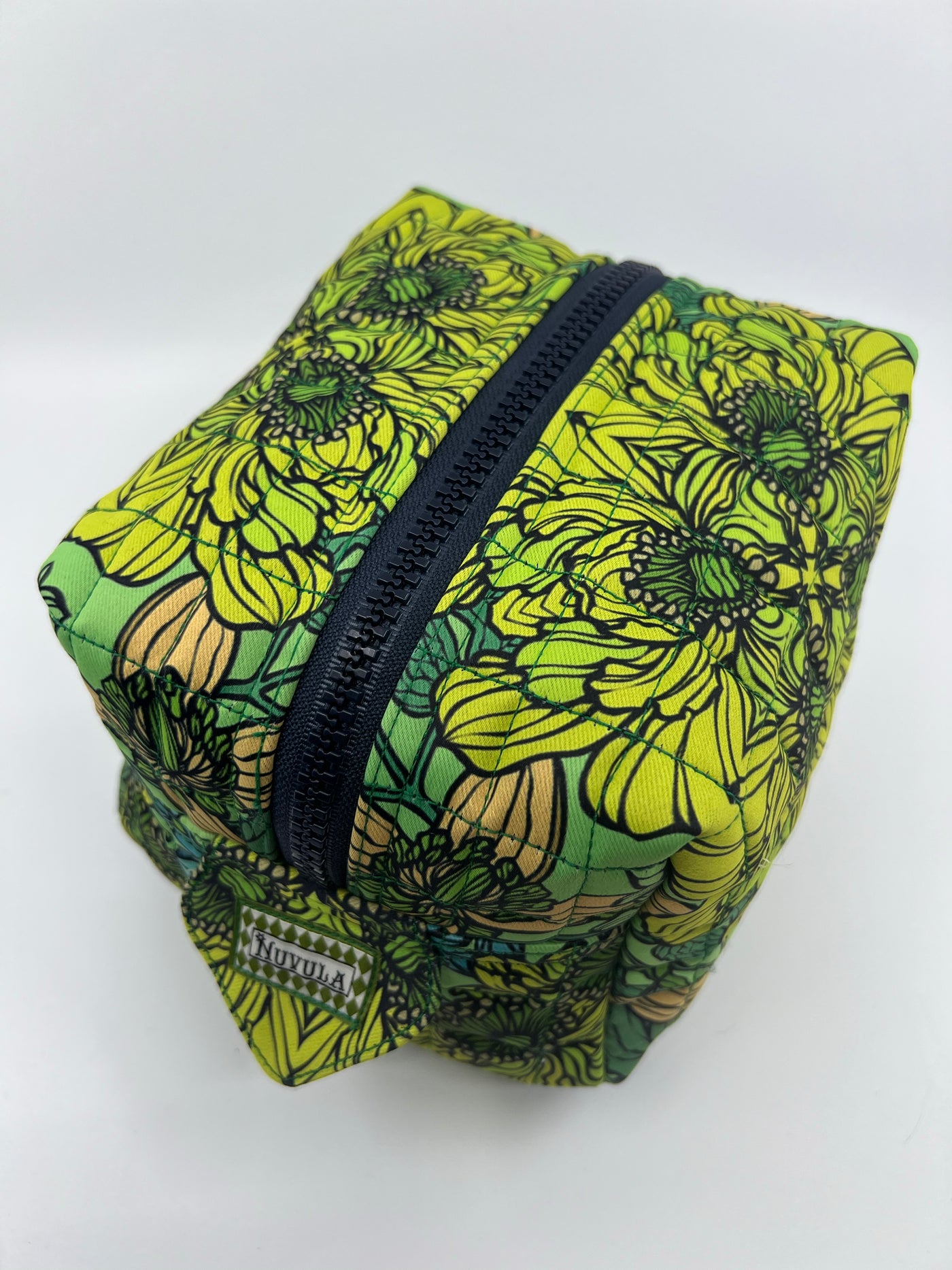 Green Floral Designer Traveling - Large Quilted Cosmetic Bag